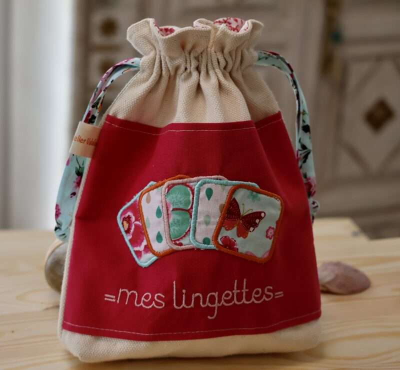 Pochon brodé - Mes lingettes Rose